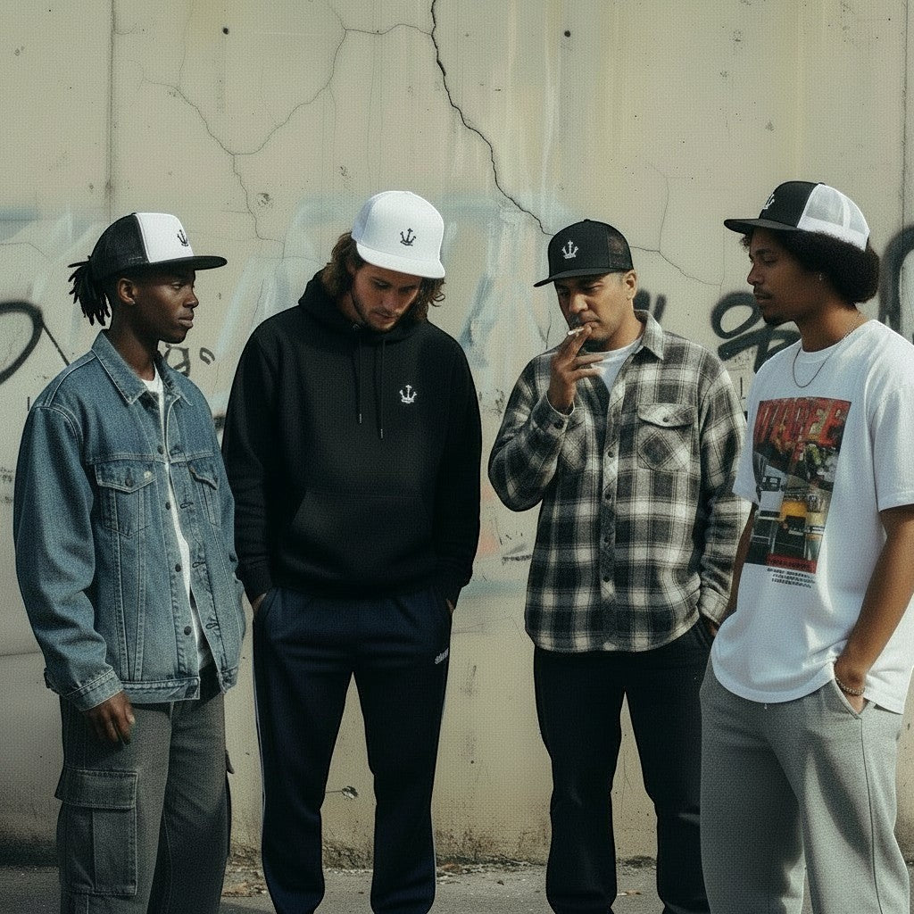 Quatro homens usam bonés snapback astredik de aba reta em diferentes cores, posando juntos num ambiente urbano.