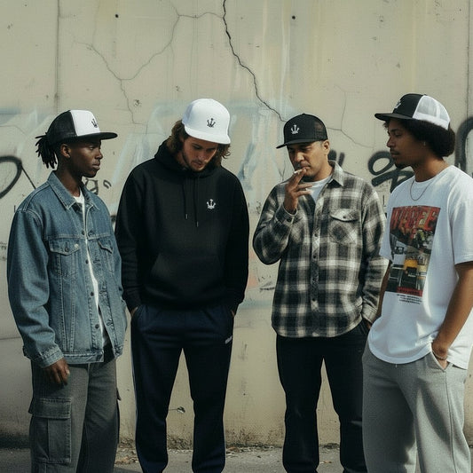 Quatro homens usam bonés snapback astredik de aba reta em diferentes cores, posando juntos num ambiente urbano.