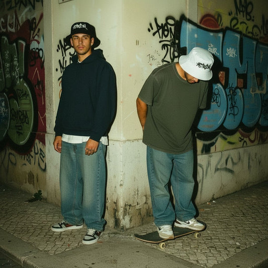 Dois jovens com bucket hats astredik UNIFORM 00, hoodies e jeans largos num cenário urbano com graffiti à noite.