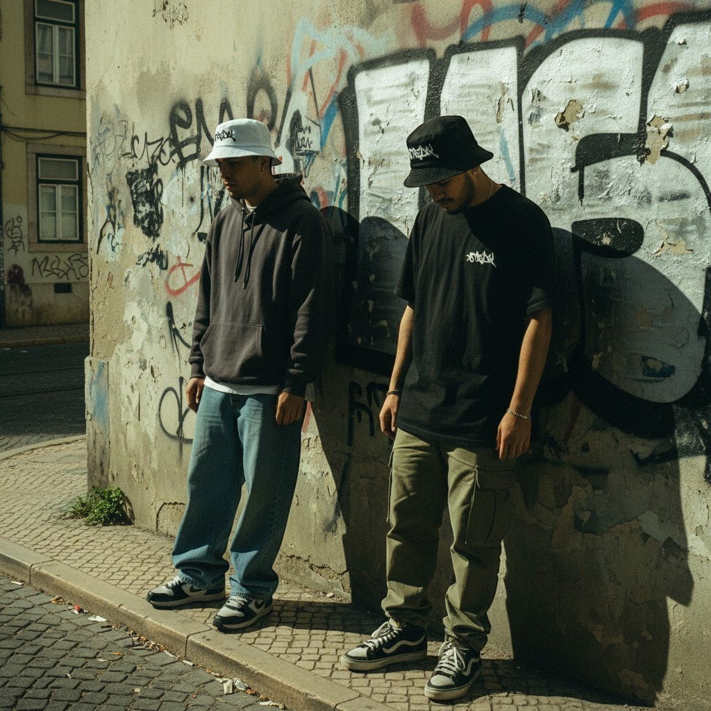 Dois homens usam Bucket Hat UNIFORM 00 da astredik, um branco e outro preto, em ambiente urbano com graffiti.