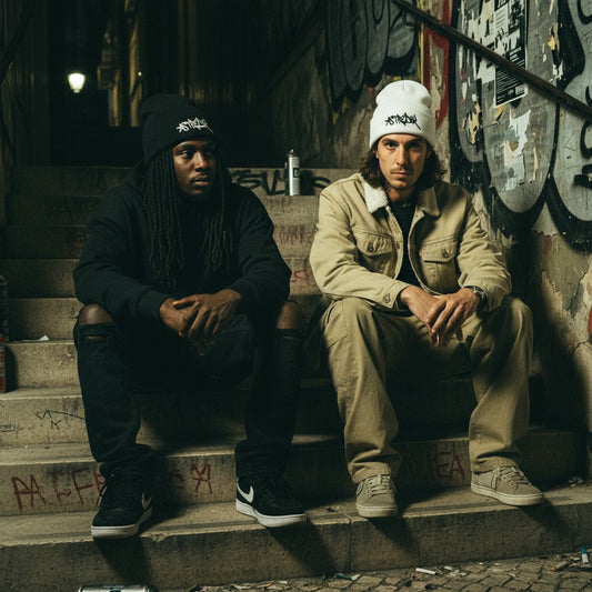 Dois homens sentados em escadas urbanas usando gorros astredik UNIFORM 00, um preto e um branco com logótipo bordado.
