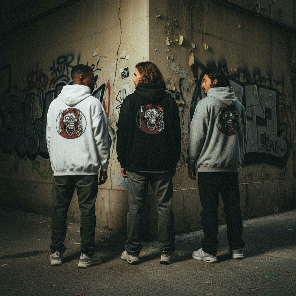 Três homens vestem hoodies astredik com estampa de caveira vermelha em estilo graffiti num cenário urbano.