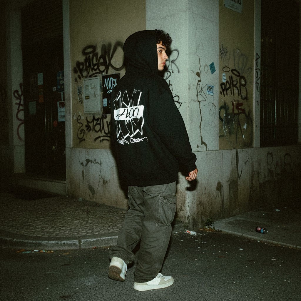 Jovem com hoodie preto astredik Street Freedom NG4400 com estampa urbana nas costas em ambiente de rua noturno