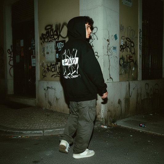 Jovem com hoodie preto astredik Street Freedom NG4400 com estampa urbana nas costas em ambiente de rua noturno