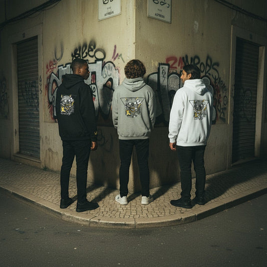 Três modelos astredik vestem hoodies da coleção Bone Crew com estampado de caveira urbana em fundo de graffiti