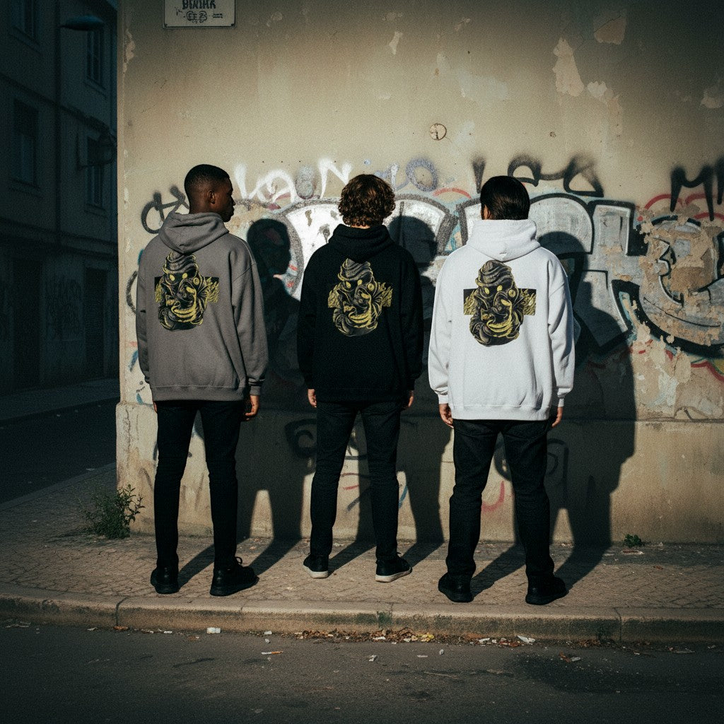 Três modelos vestem hoodies astredik cinzento, preto e branco com estampa de graffiti amarelo nas costas na rua.