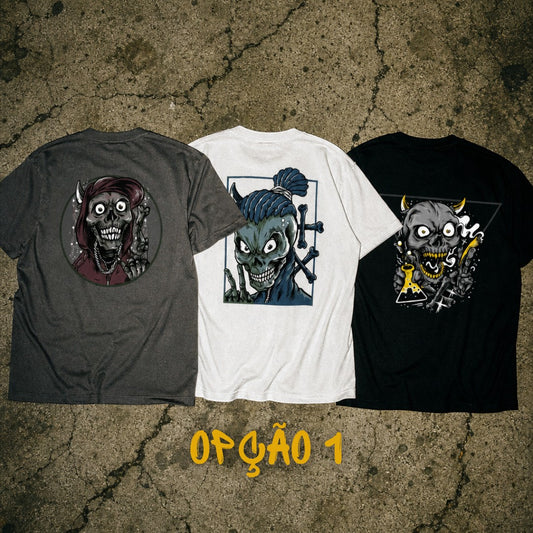 Pack de três t-shirts astredik com estampados de caveiras estilo hip-hop em tons cinza, branco e preto