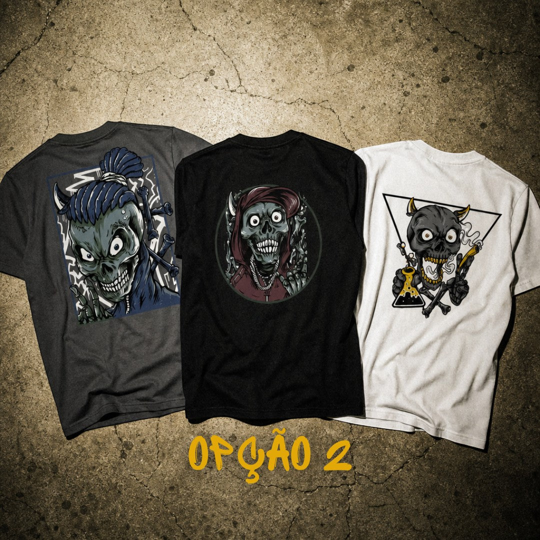 Pack de três t-shirts astredik com estampados de caveiras estilo hip-hop em tons de preto, cinzento e branco.
