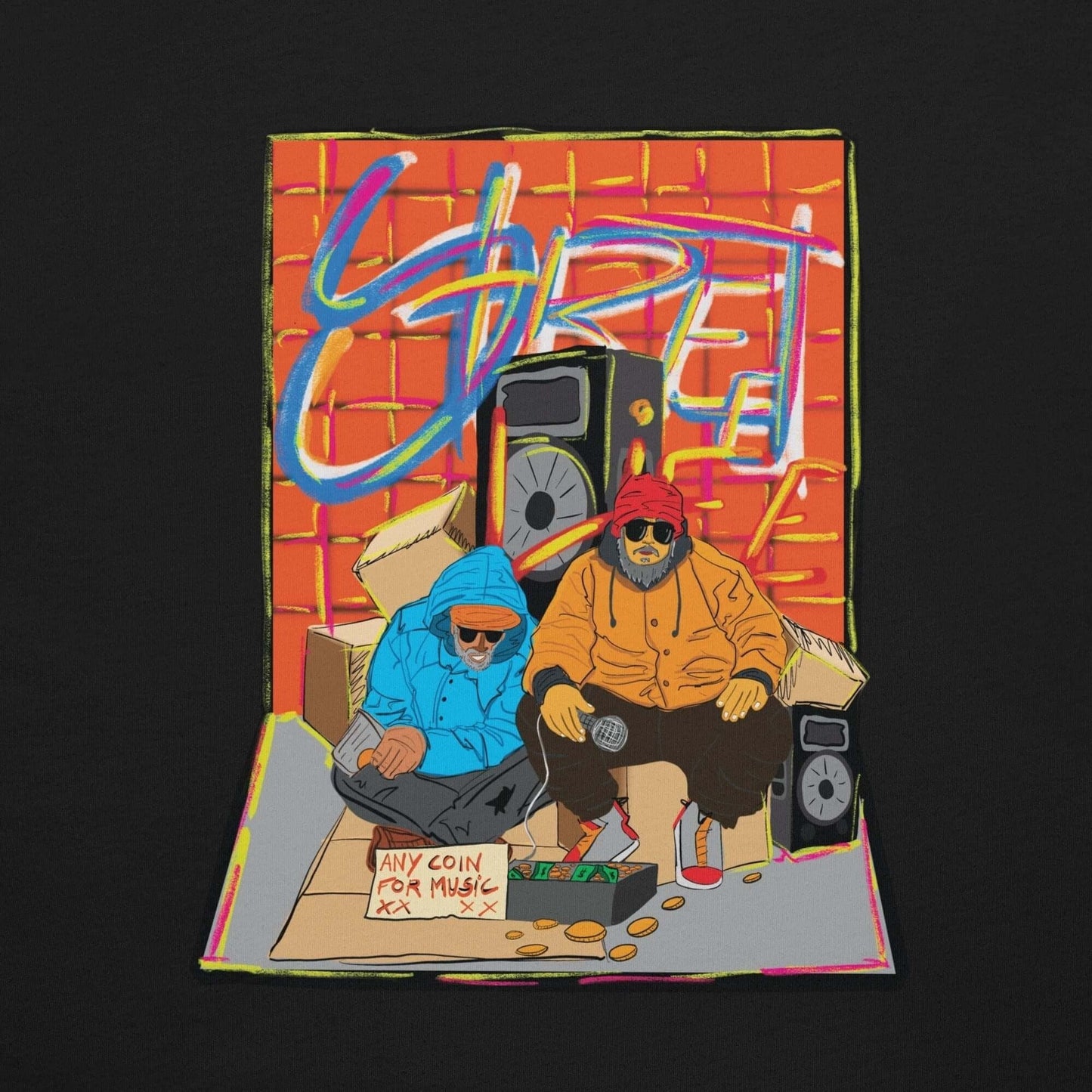 T-shirt preta astredik com ilustração colorida de dois artistas de rua com microfone e cartaz de crítica social