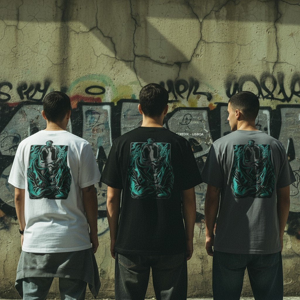 Três homens de costas vestindo t-shirts astredik com ilustração de lata de spray azul em fundo de parede com graffiti.