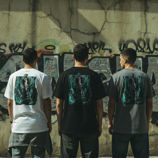 Três homens de costas vestindo t-shirts astredik com ilustração de lata de spray azul em fundo de parede com graffiti.