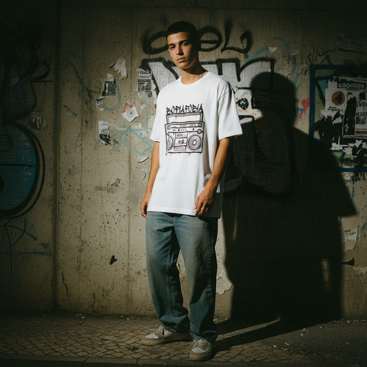 Jovem veste t-shirt branca astredik com estampa Bofiofobia e boombox, posando em frente a parede com graffiti.