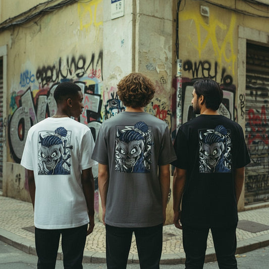 Três modelos de costas vestindo t-shirts astredik com estampa de caveira azul em fundo de graffiti urbano.