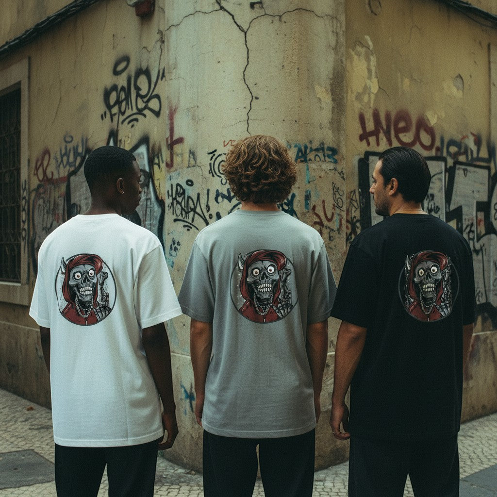 Três homens de costas vestindo t-shirts astredik com estampa de caveira vermelha em estilo graffiti urbano.