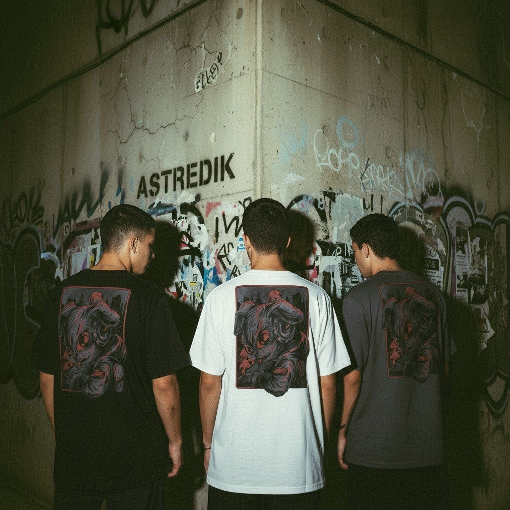 Três homens de costas vestindo t-shirts astredik com ilustração de coelho estilo graffiti em fundo urbano