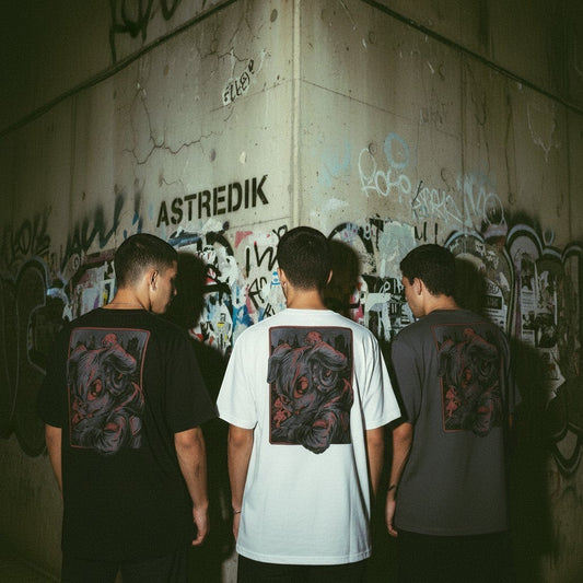 Três homens de costas vestindo t-shirts astredik com ilustração de coelho estilo graffiti em fundo urbano