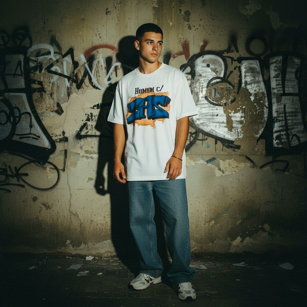 Homem veste t-shirt branca astredik com estampa de graffiti Homem com 2 H's em fundo urbano com grafites