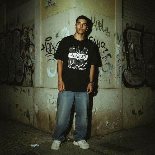 Homem veste t-shirt preta astredik com estampa urbana 4400, estilo streetwear, em cenário noturno com graffiti.