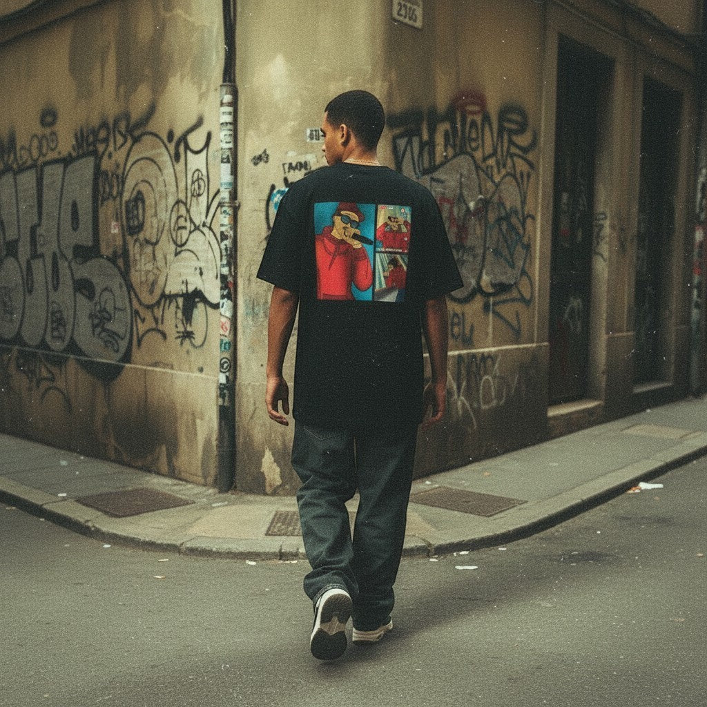 Homem de costas a usar t-shirt preta astredik com estampa gráfica estilo banda desenhada numa rua com graffiti