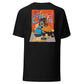 T-shirt preta astredik com ilustração nas costas de dois mendigos com microfones e cartaz, estilo arte urbana hip-hop.