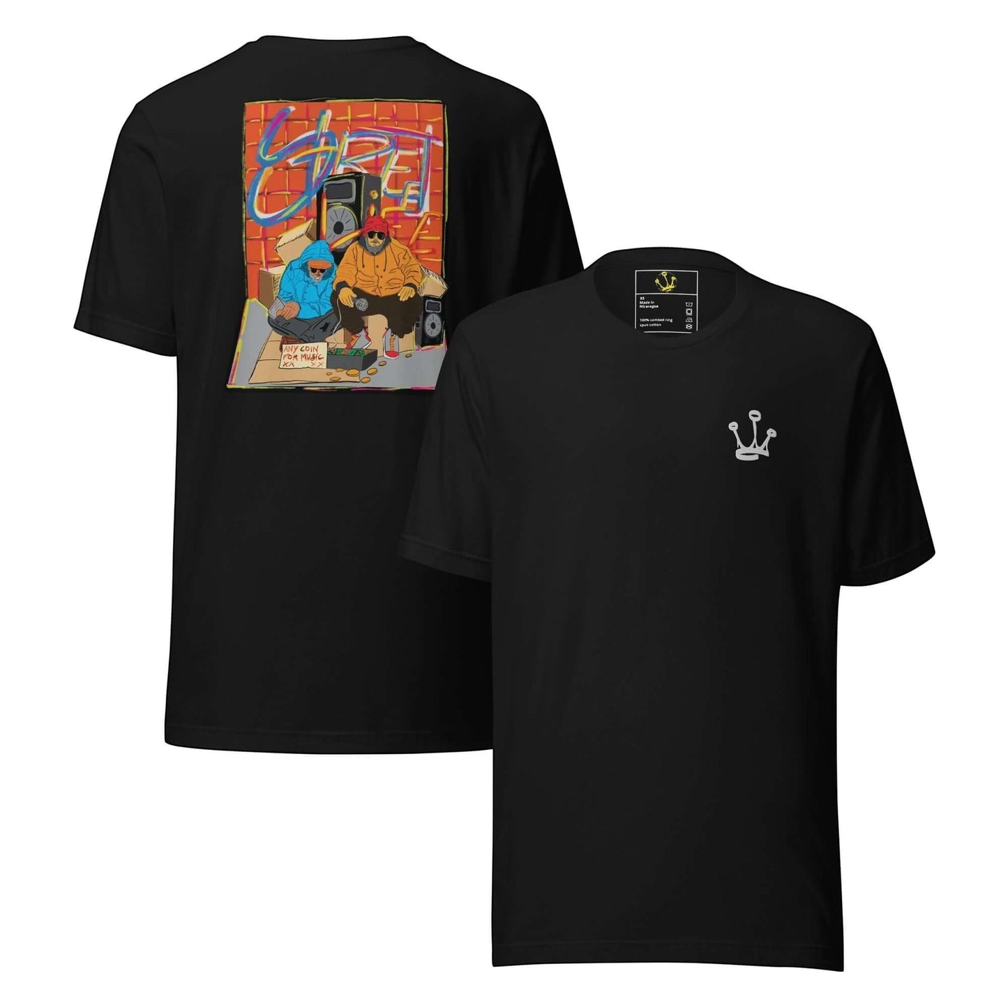 T-shirt preta astredik com estampa artística nas costas de dois mendigos com microfone e logótipo no peito