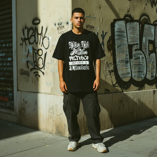 Homem veste t-shirt preta astredik com frase em branco, estilo hip-hop, em ambiente urbano com graffiti.