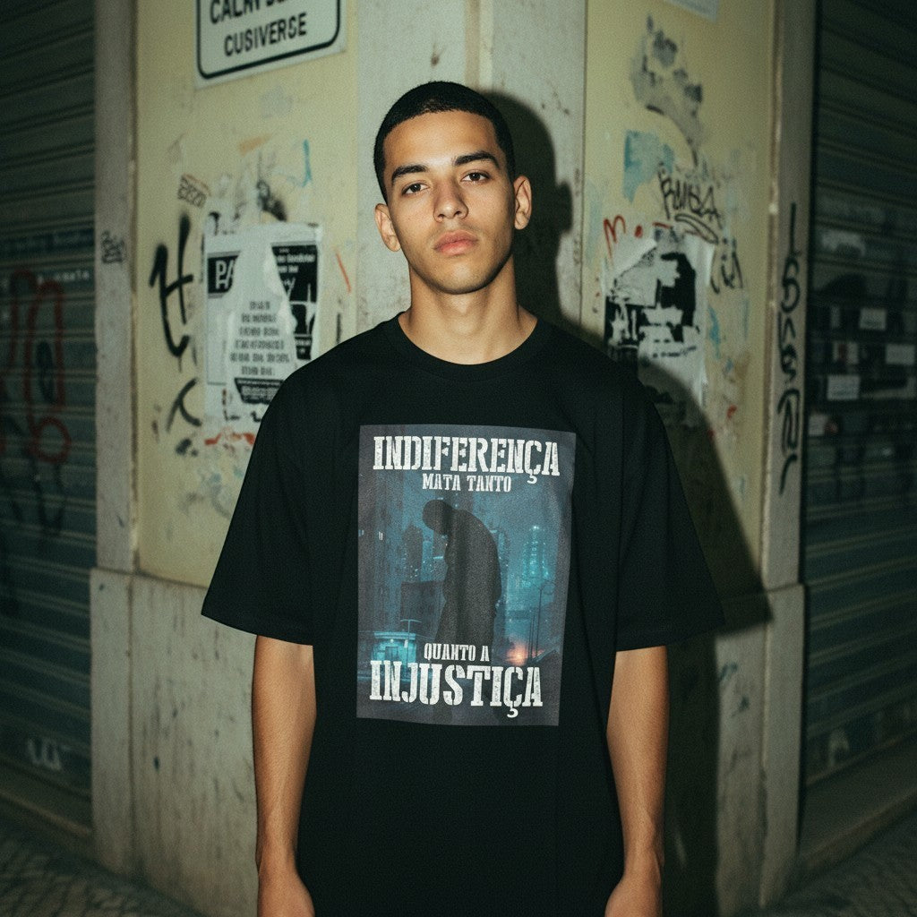 Homem jovem veste t-shirt preta de algodão astredik com estampa urbana e a frase Indiferença Mata Tanto Quanto a Injustiça