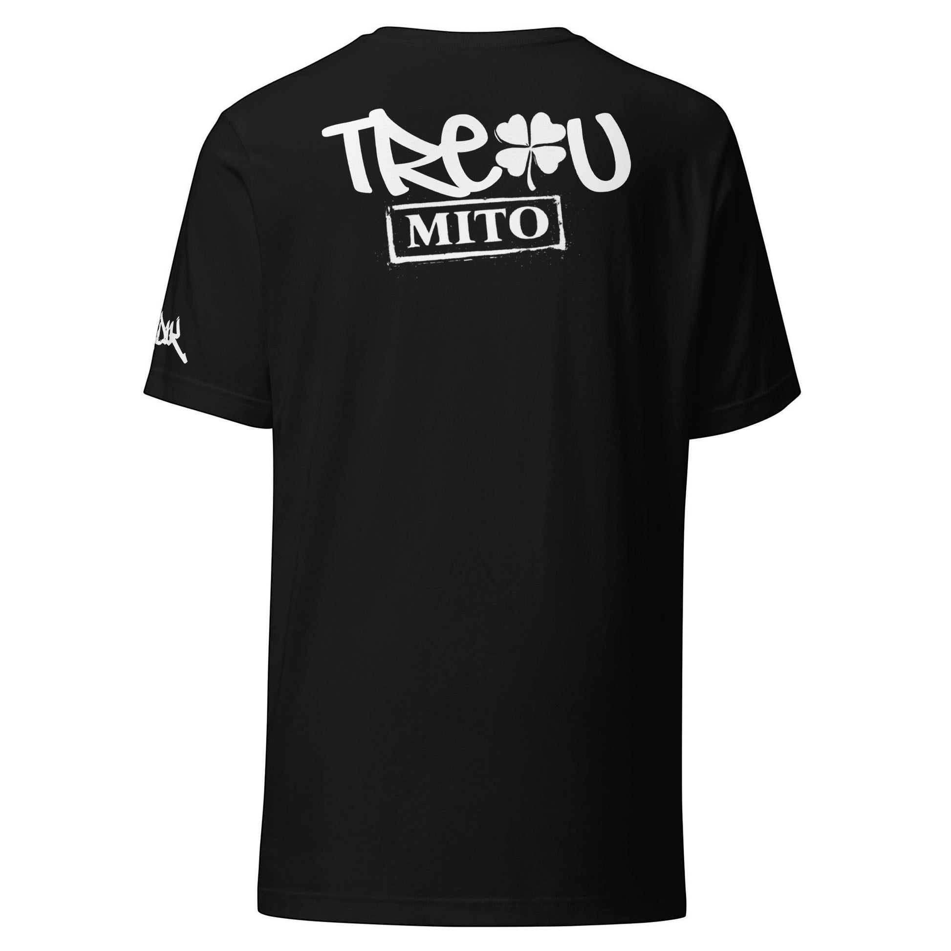 T-shirt preta de algodão premium da colaboração astredik × trevu com gráfico branco nas costas e corte box fit