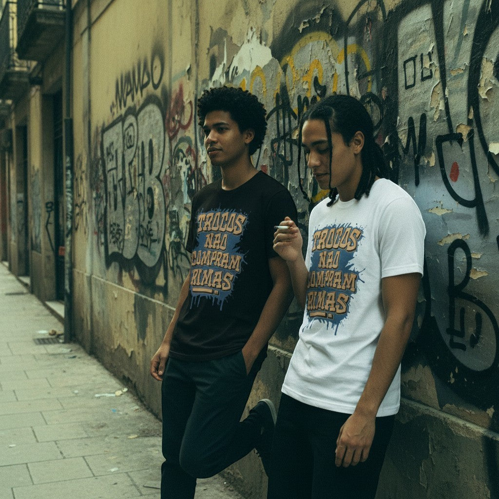 Dois modelos vestem T-shirts astredik pretas e brancas com a frase Trocos Não Compram Rimas em grafite urbano.