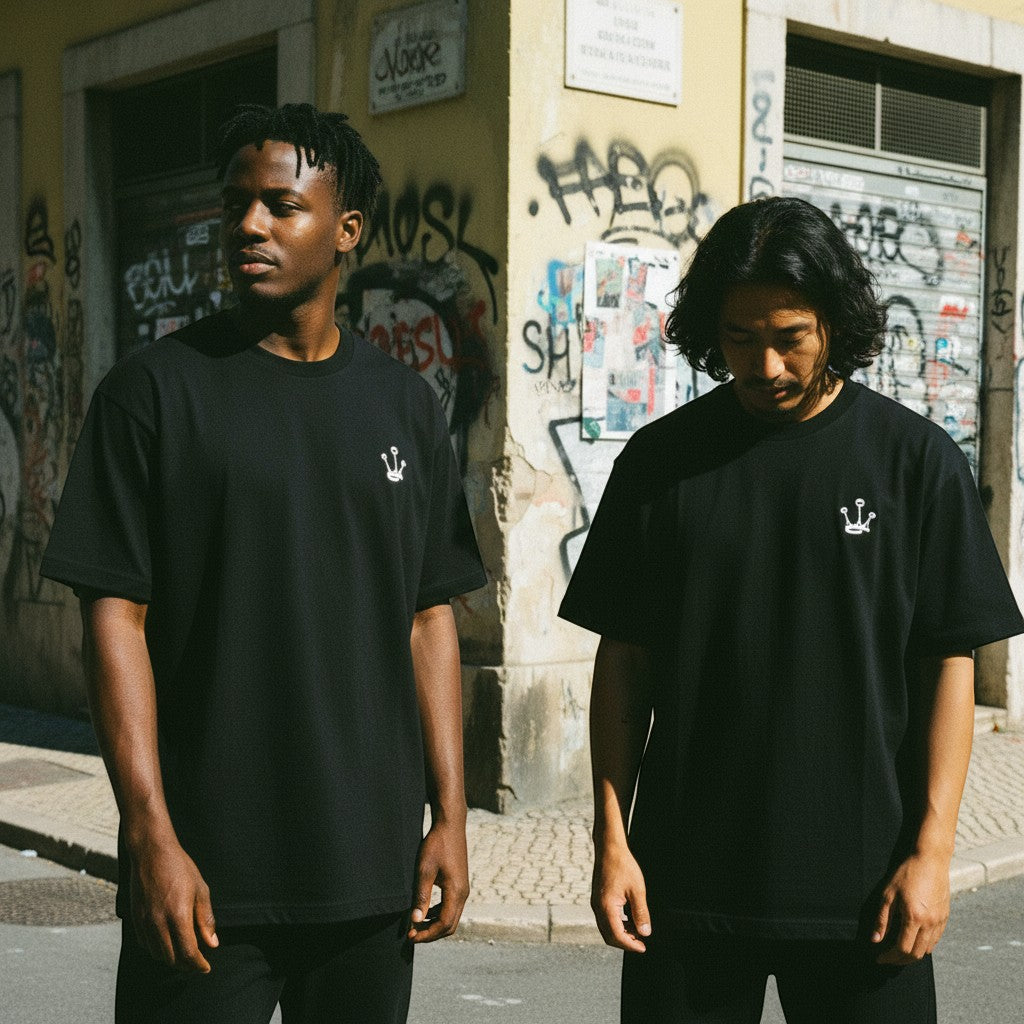 Dois modelos vestem a T-shirt UNIFORM 00 preta da astredik com logótipo minimalista num cenário urbano.