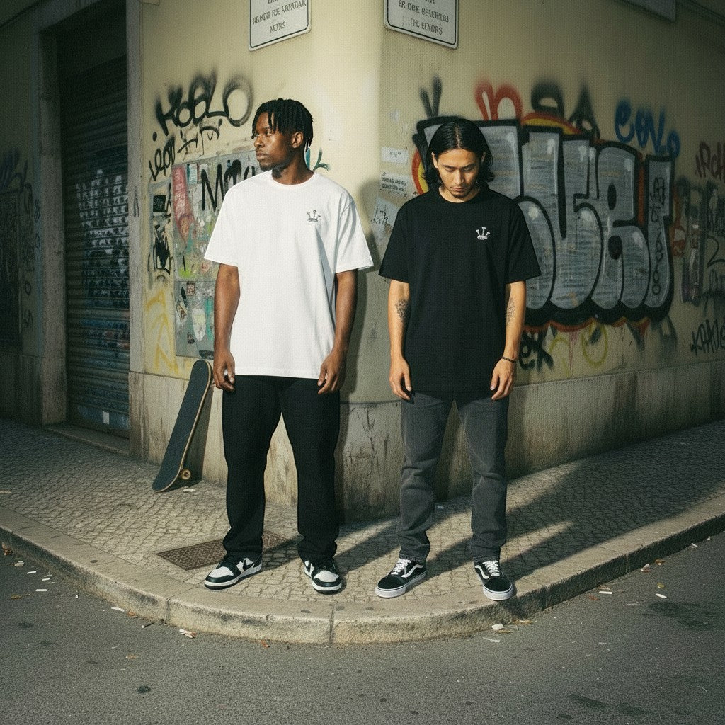 Dois modelos usam t-shirts astredik UNIFORM 00 branca e preta com logótipo minimalista num cenário urbano de rua.