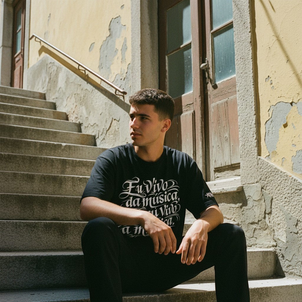 Homem sentado em escadas de pedra vestindo t-shirt preta de algodão premium da colaboração astredik × trevu